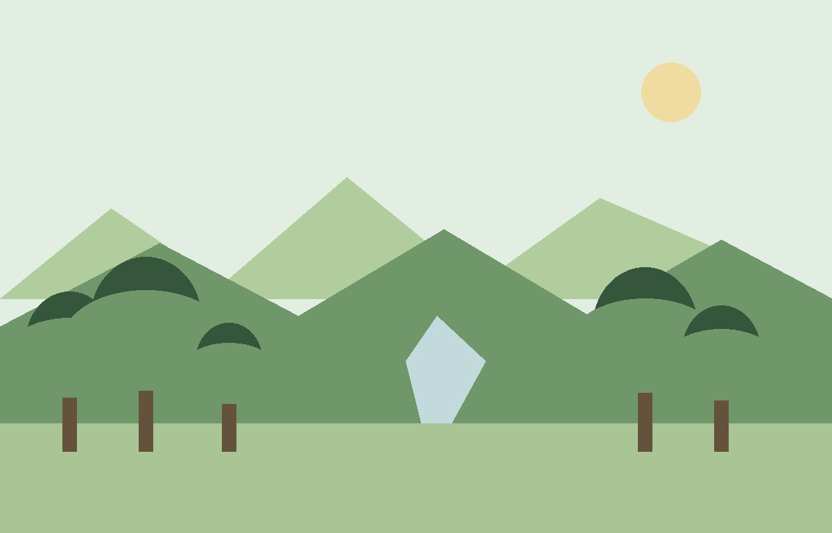 Quiet green landscape with trees, hills and a small stream